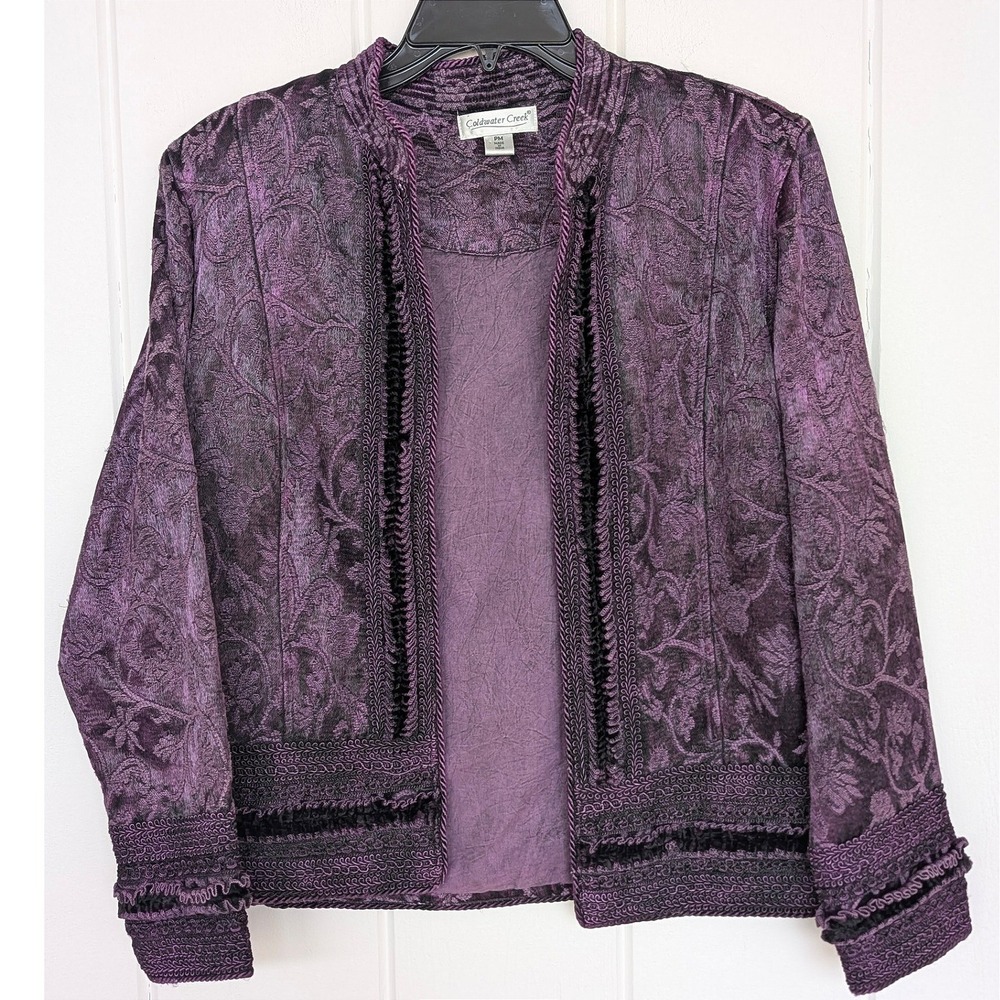Coldwater Creek Jacket Womens PM Petite Medium Purple Jacquard Open Front‎ Boho